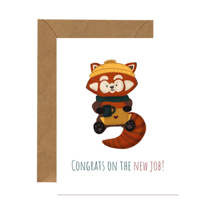 New Job Congrats Card | Cozy Working Red Panda
