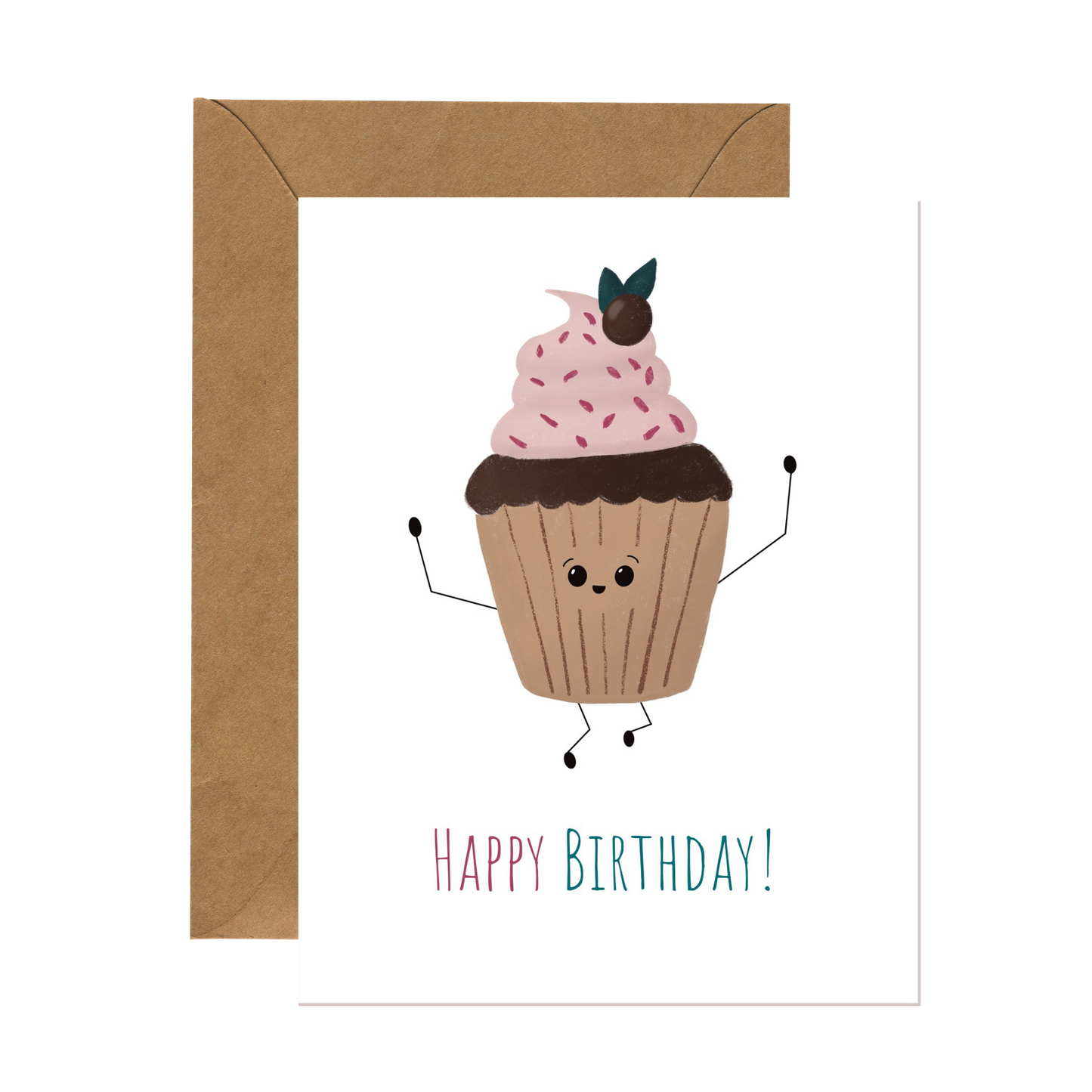 Whimsical birthday card featuring a dancing cupcake