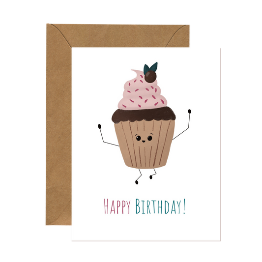 Whimsical birthday card featuring a dancing cupcake