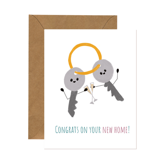 Whimsical greeting card for a friend’s big move to a new home, featuring an illustration of two smiling keys on a keyring toasting with champagne.