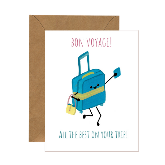 Whimsical greeting card for a friend’s upcoming trip featuring a hand-painted illustration of a suitcase excitedly running