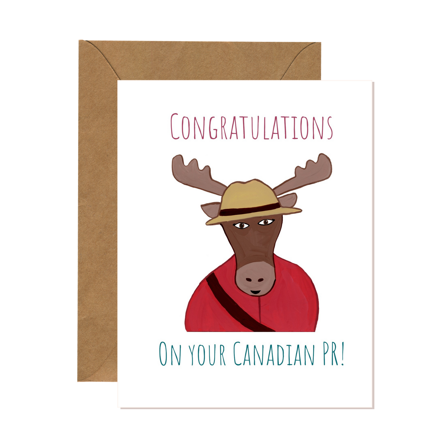 Whimsical greeting card celebrating a newcomer's Canadian permanent residency, featuring a hand-painted illustration of a moose as a mountie
