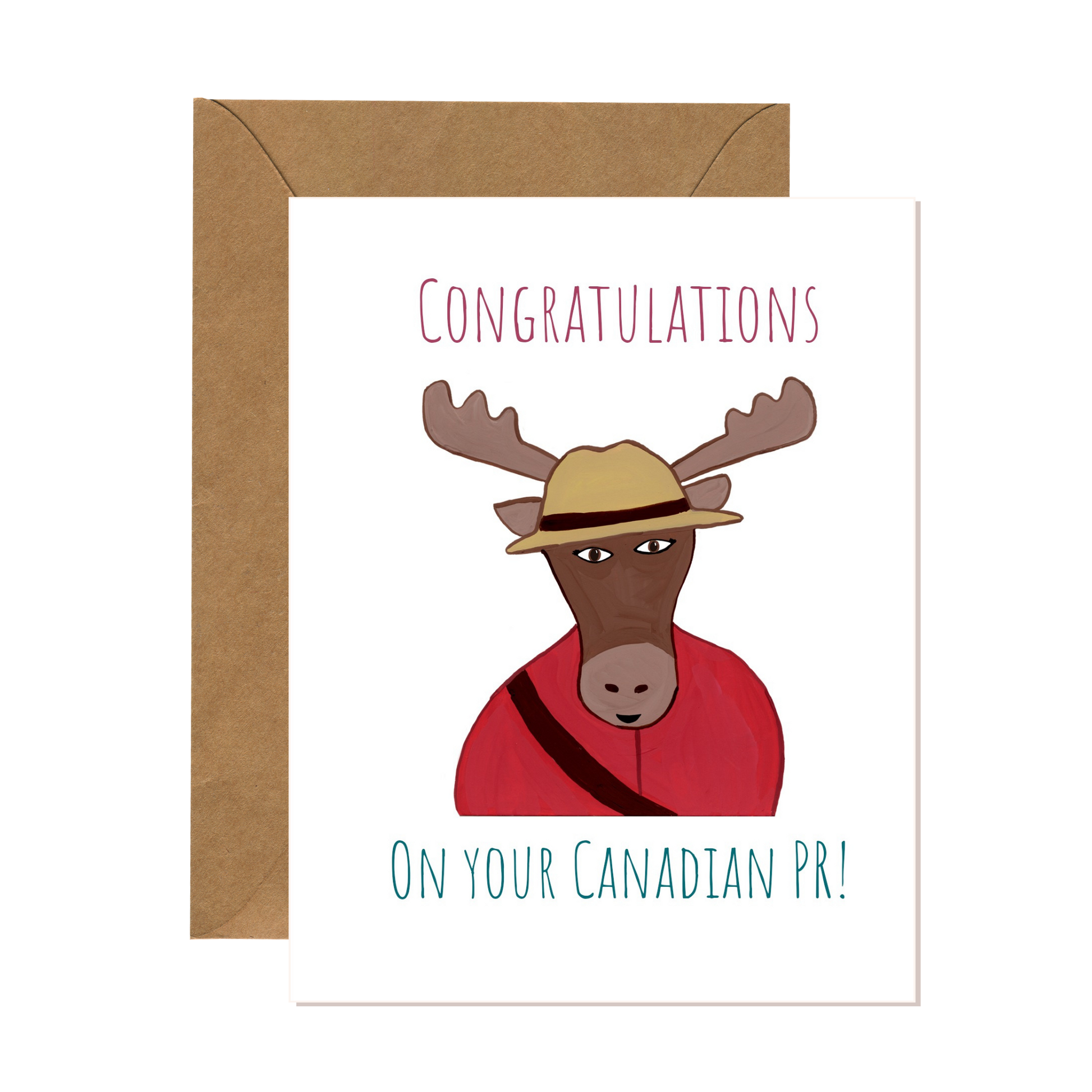 Whimsical greeting card celebrating a newcomer's Canadian permanent residency, featuring a hand-painted illustration of a moose as a mountie